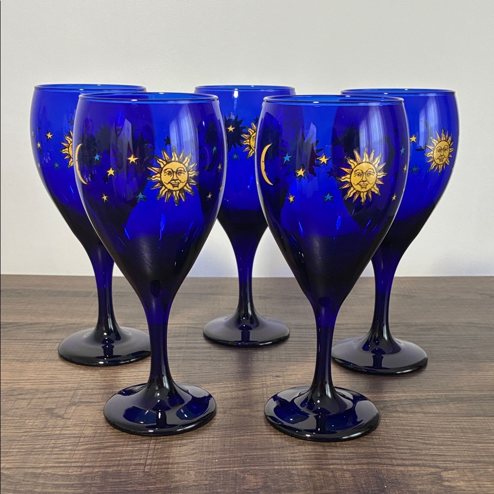 Libbey Cobalt Blue Sun & Moon Goblets with Gold Stars (Set of 8)